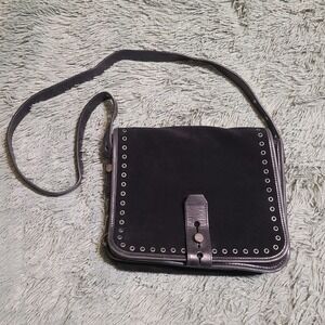 Lucky Brand Rose‎ Crossbody Black Suede Leather Gussetted Bag Studded Handbag